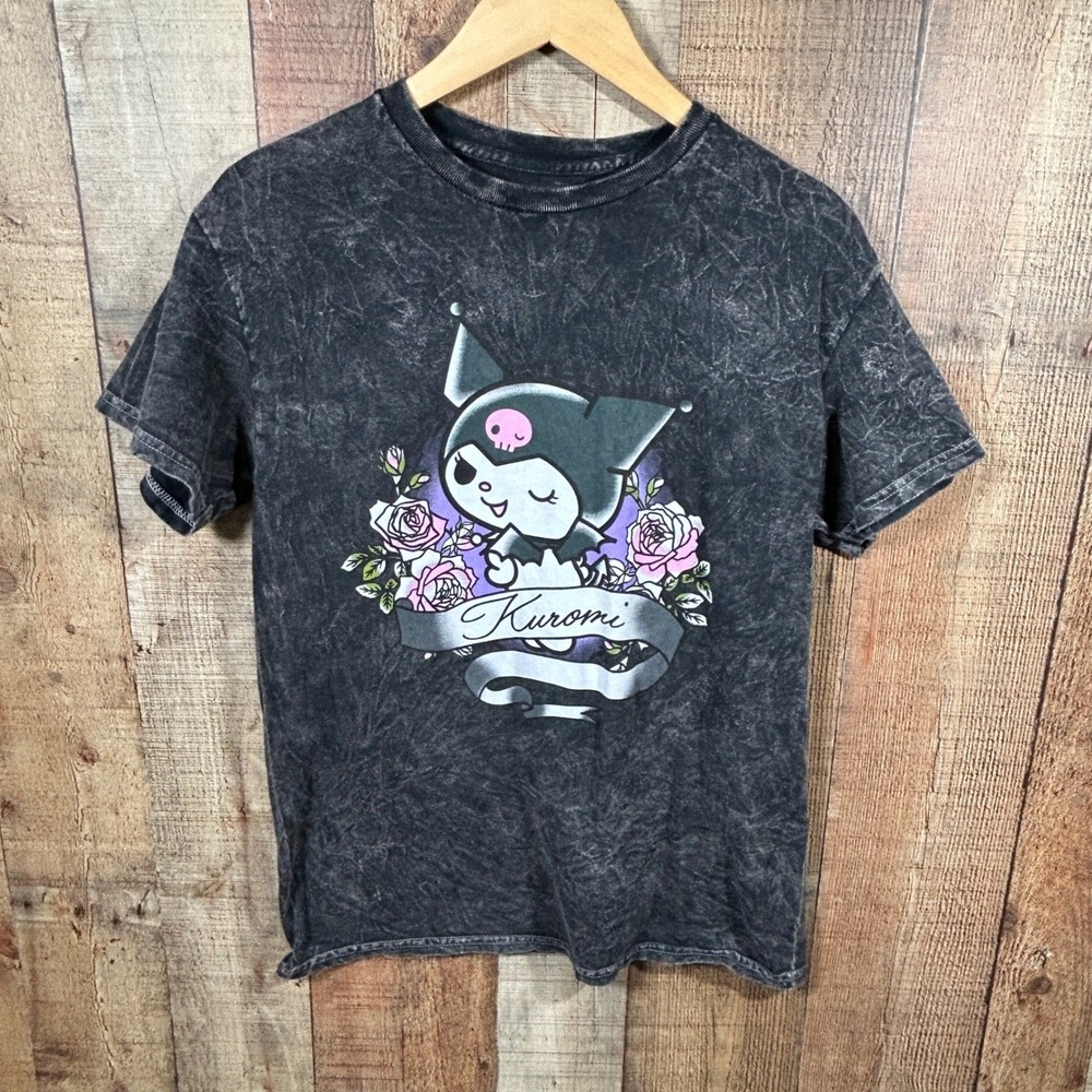 Kuromi Sanrio Graphic Tee Medium Acid Wash Black Pastel Goth Cute Anime Shirt